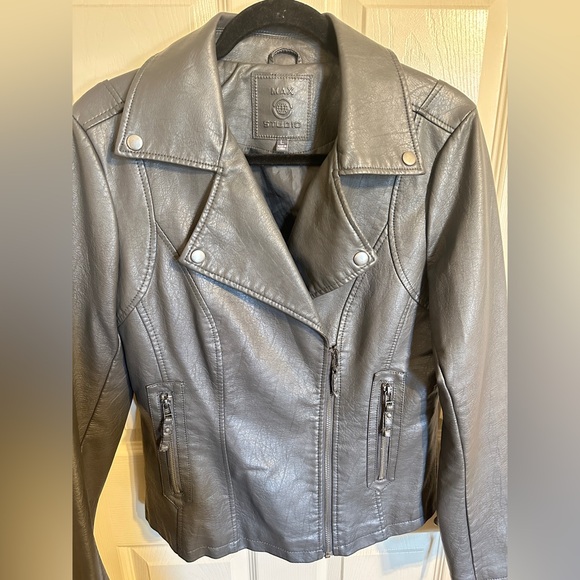 Max Studio Leather Moto Jacket, Gray, Sz Large - Picture 2 of 6